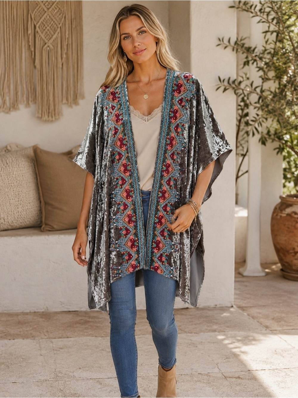 Andree Embroidered Crushed Velvet Kimono Boho Duster Women L Grey Floral Hippie